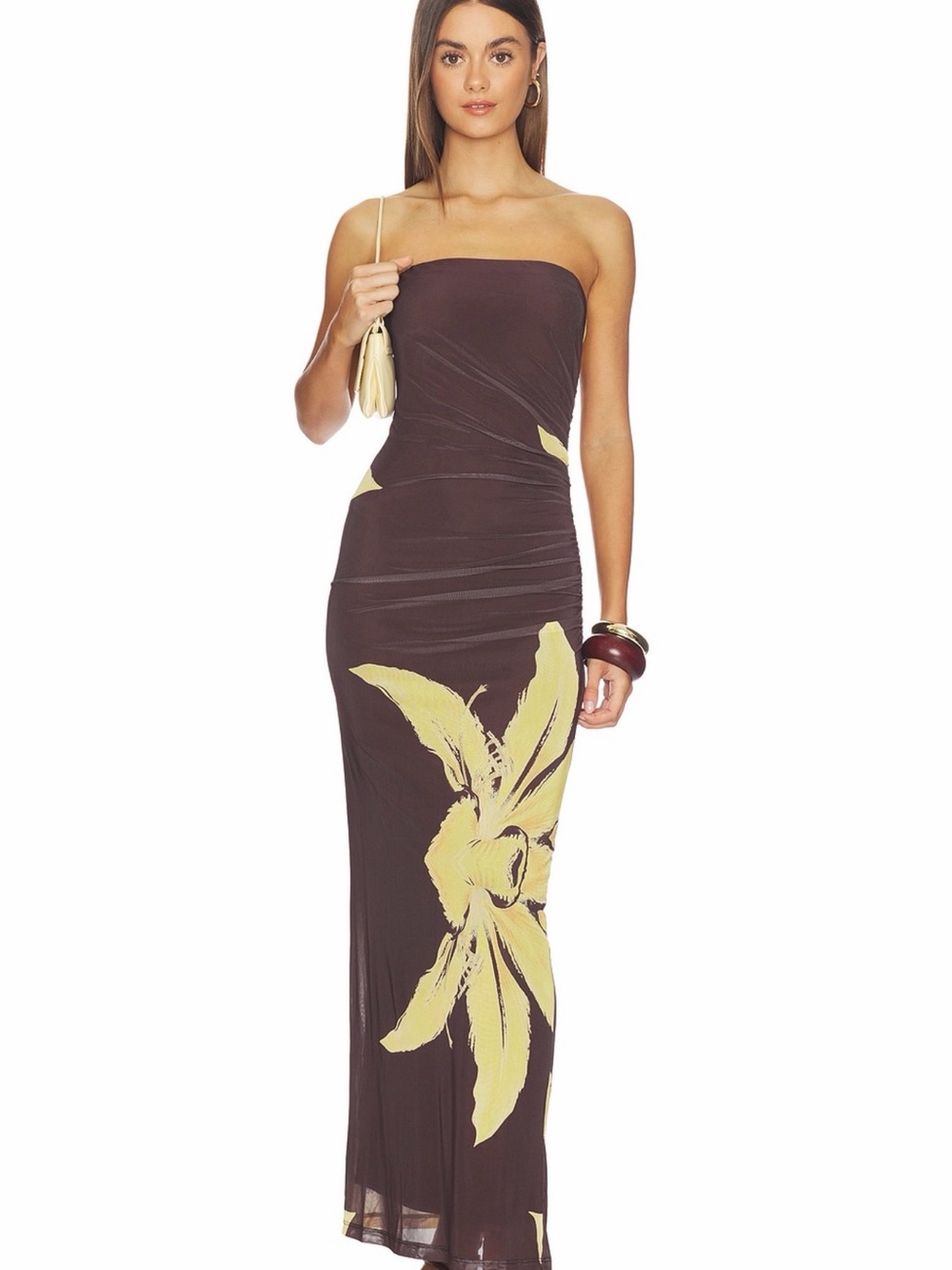 Bardot Strapless Brown Maxi Dress with Yellow Floral Motif